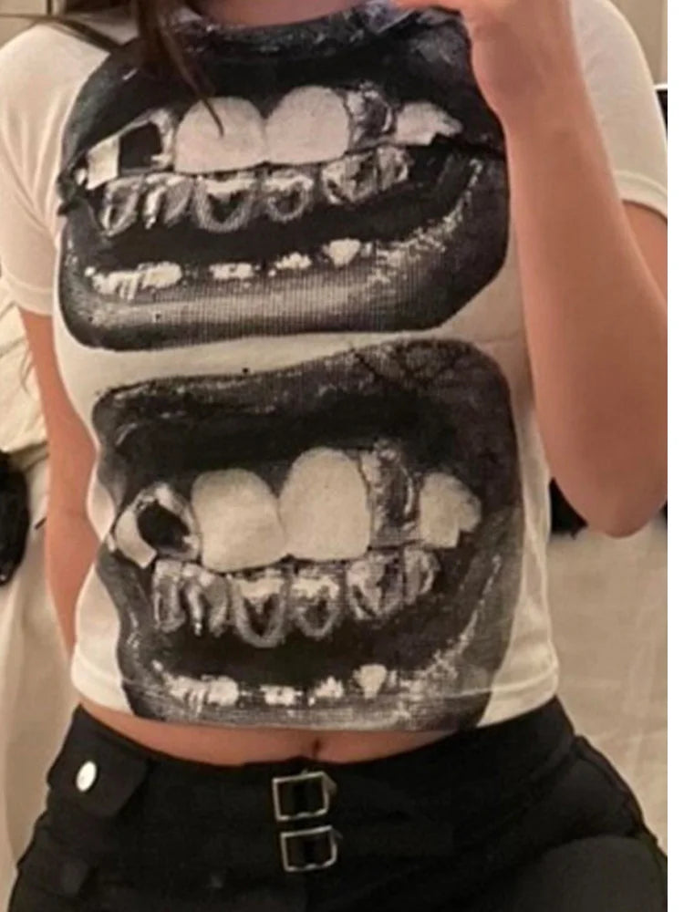 Punk Y2K Baby Kurzarm Top Gothic Street T-Shirt Damen Freizeit Basic T-Shirt Damen 2024 Sommer Top E Mädchen Gothic EMO