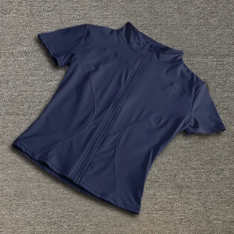 Sommer Hohe Qualität Taille Abnehmen Training Tops frauen Schnell trocknend Engen Stehkragen Voll Zipper Kurzen Ärmeln Yoga shirts