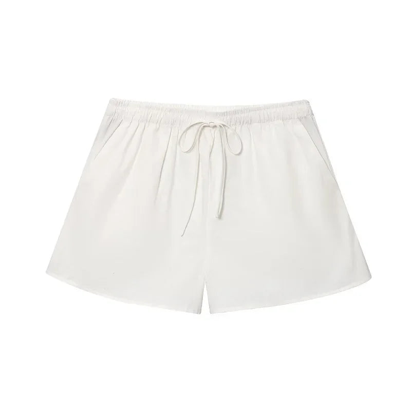 MUJER Weiße Mini-Shorts-Sets für Damen, 2-teilig, gerüscht, mittlere Taille, Damen-Shorts, Anzug, rückenfreies Oberteil, Urlaubs-Outfits, Damen-Sets
