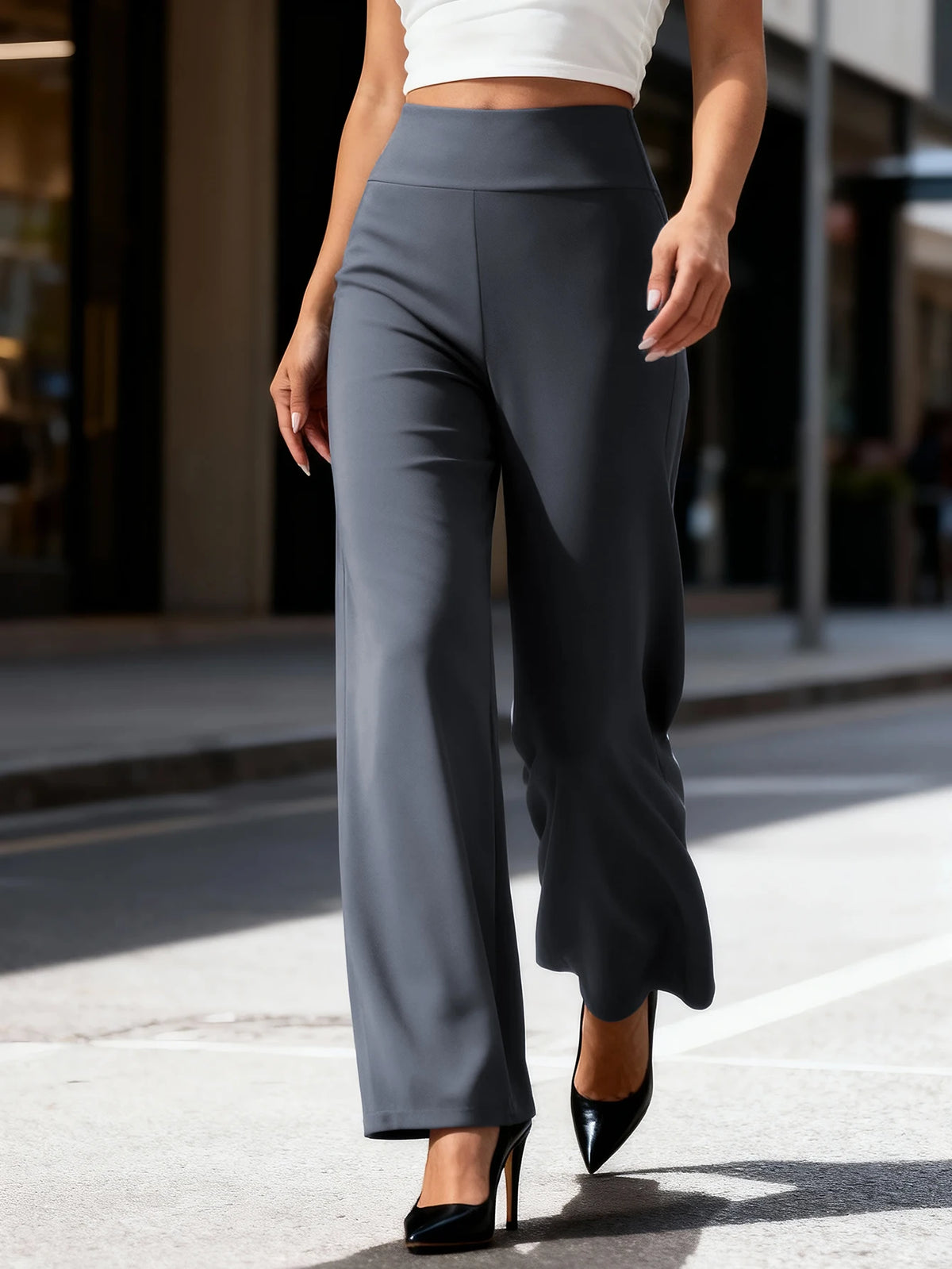 Damen-Hose mit hoher Taille, Stretch, in voller Länge, weites Bein, bequem und atmungsaktiv, lässig, für den täglichen Pendelverkehr, Büro, Straße.