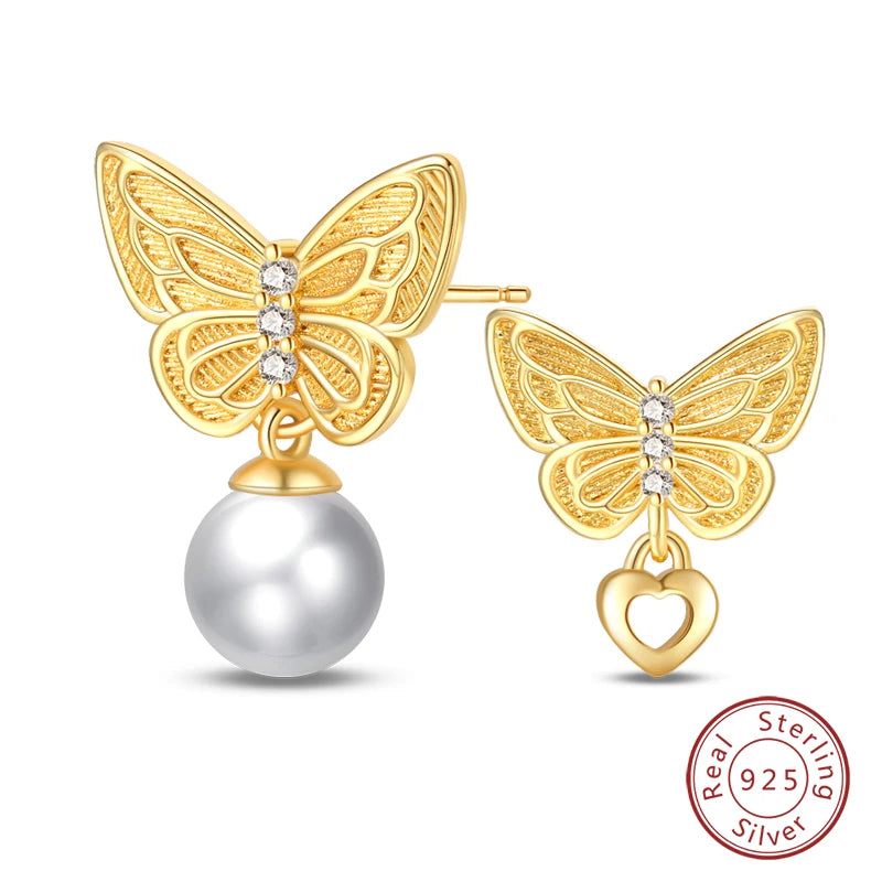 Luxus Goldene Muschel Seestern Perle Ohr Studs 925 Silber Schmetterling Herzförmige Anhänger Perle Ohrringe Für Frauen Partei Schmuck