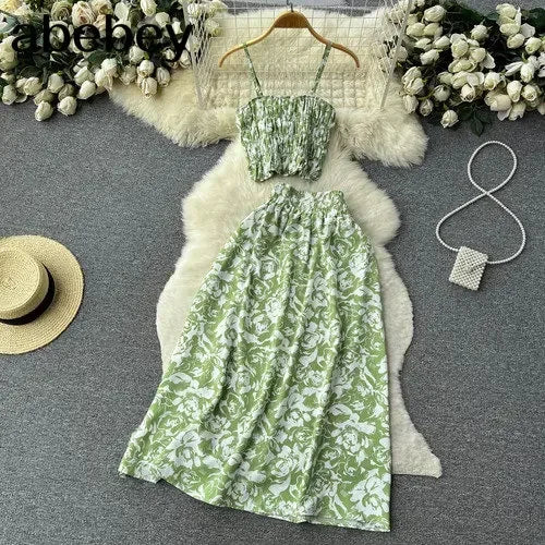 2026 Urlaubs-Blumendruck, zweiteilige Anzüge, Reißverschluss-Design, schmales Tank-Top + A-Linie, langer Rock, Vintage-Böhmische Strand-Sets