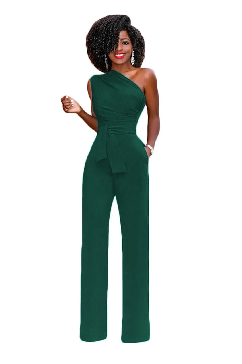 Damen-Overall, einfarbig, Skew-Kragen, bauchfreies Top, gerade Hosen, Gürtel, sexy, ärmellos, lockere Hosen, elegante, charmante Playsuits 2024