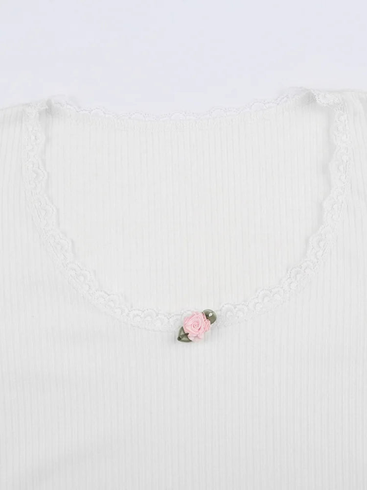Y2k Floral Spitze Trim Crop Top Weiß Gestrickte Dünne O Neck Grundlegende Casual T Shirt Frauen Chic Vintage Volle Hülse Harajuku t Herbst