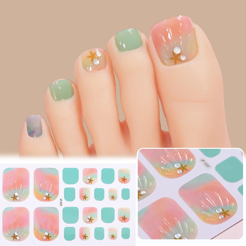 22 Tipps goldene Glitzer-Nagelaufkleber für Füße, 5 Farben, 11 Größen, vollständige Abdeckung, Fußkunst-Aufkleber, einfach zu erreichen, Zehen-Maniküre-Dekoration