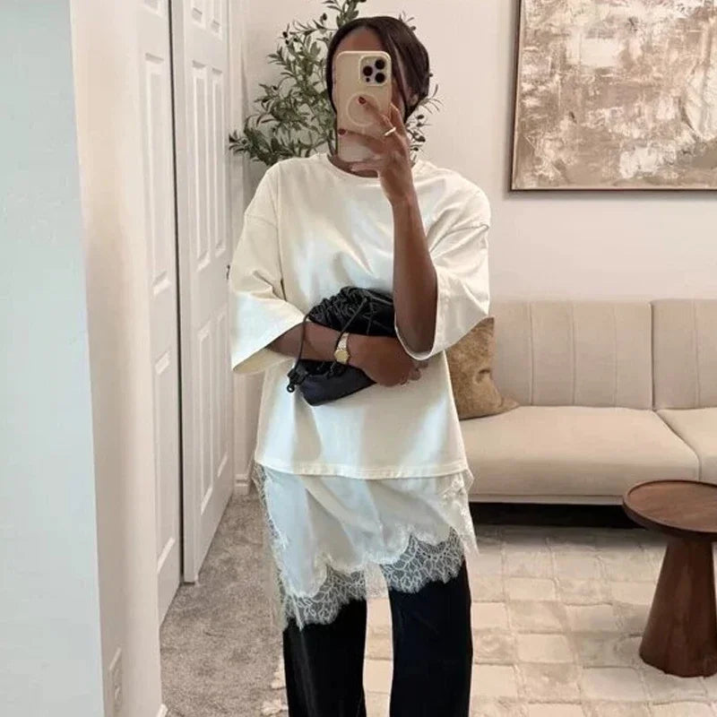 MUJER Polo Spitze Damen T-Shirt Asymmetrische Tank Tops für Frau Kurzarm Lustige Frau T-Shirts Streetwear Casual Tops Damen