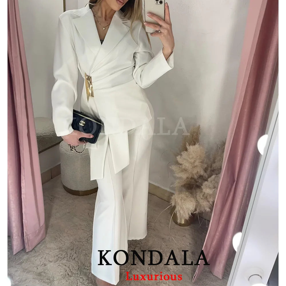 KONDALA Büro-Damen-Chic Weißer Damen-Blazer-Anzug Einfarbiger Langarm-Blazer Lange Reißverschluss-Hose Mode 2026 Frühling Sommer Anzug