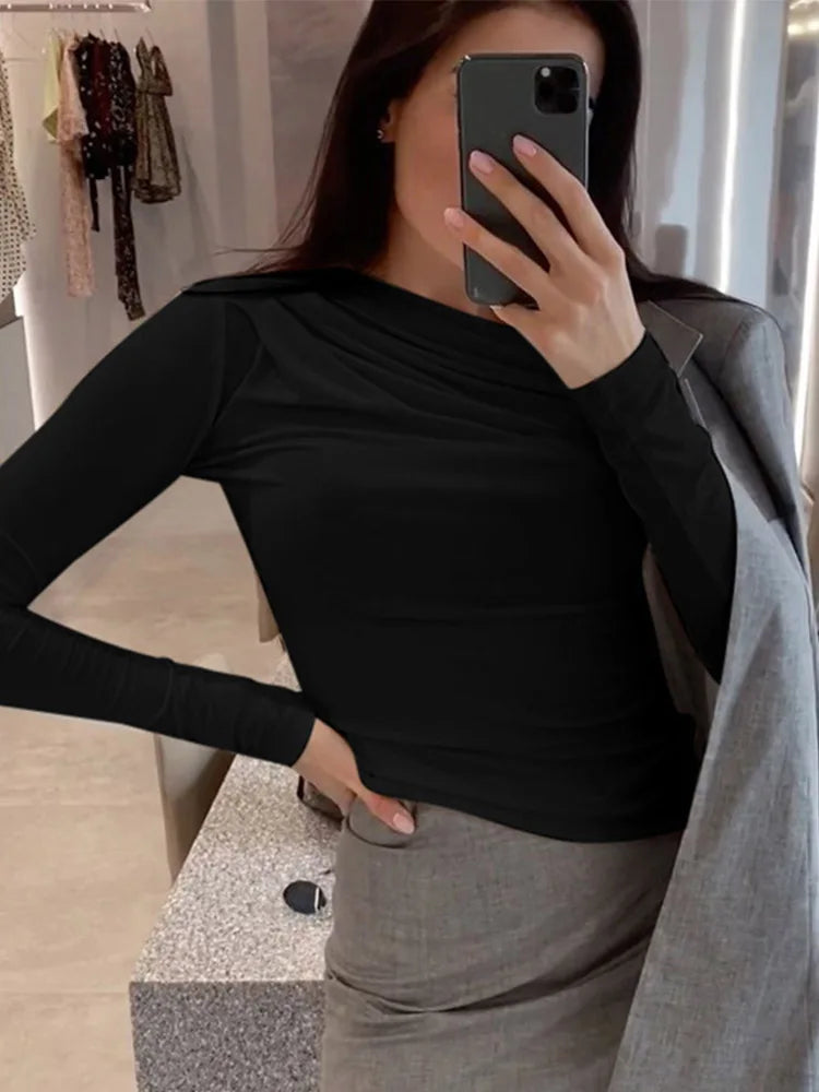 Langarm Top weiß T-Shirts Frauen Basic Crop Top Herbst Pollover solide Schräg hals T-Shirt Streetwear Basic schwarz y2k T-Shirts