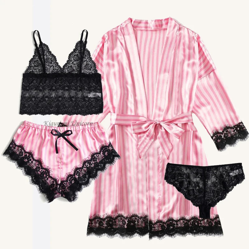 4PCS Frauen Pyjama Anzug Mode V-ausschnitt Stretch Seide Satin Robe Spitze Sexy Dessous Bademantel Bowknot Pyjamas Shorts Set Nachtwäsche