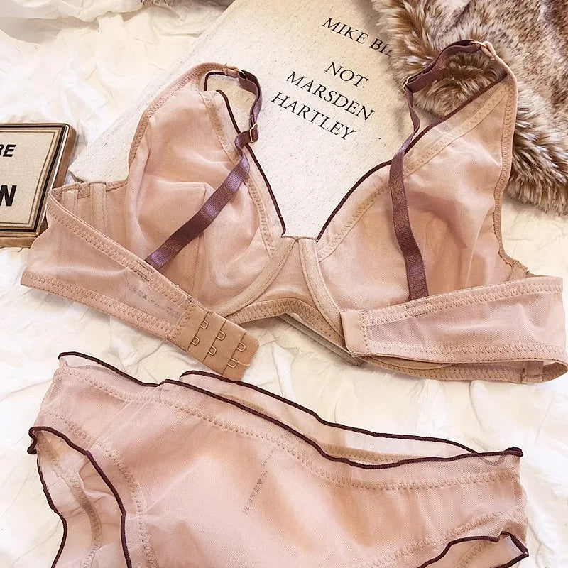 Elegantes Minimizer-BH-Set im französischen Design, modische Dreiecksschalen, strukturelle Unterstützung, ultradünnes, weiches Mesh-Dessous-Set, MOYISU Sexy Tushy
