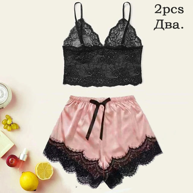 Damen Satin Nachtwäsche Pyjama Set Rosa Sexy Dessous Bademantel Spitze Patchwork Seide Nachtkleid Hose Home Bekleidet Nachtwäsche