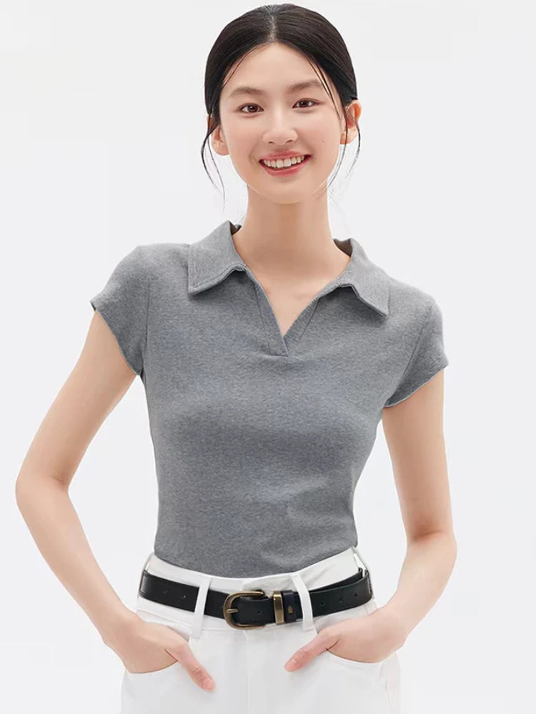 Minimalistisches Vielseitiges Casual-Oberteil 2026 Sommer Neu Einfarbig Gerippter Polokragen Damen T-Shirt Koreanischer Stil Schlankes Kurzarm-Shirt