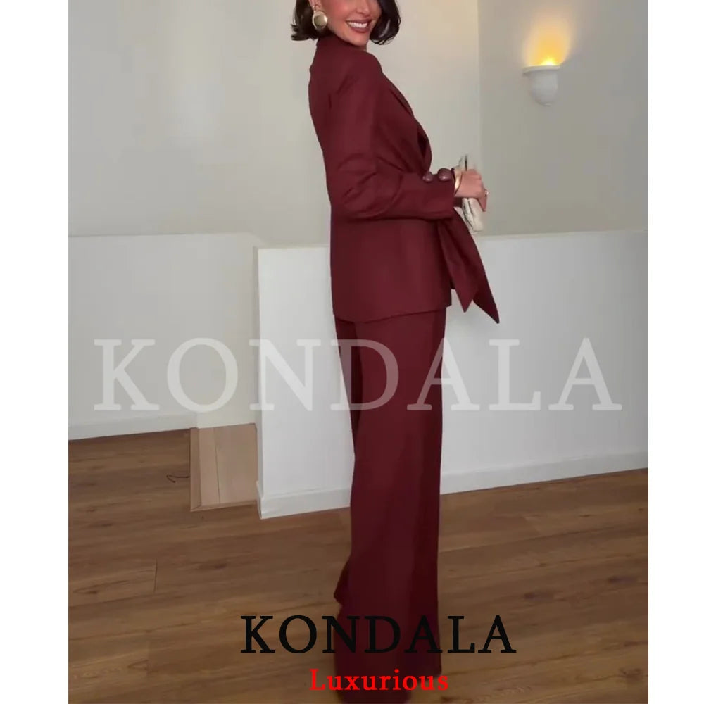 KONDALA Vintage Bürodamen-Anzug mit V-Ausschnitt, Langen Ärmeln, Gürtel-Blazer und Weiter Hose, Modisches Elegantes Damen-Set für Frühling/Sommer 2026
