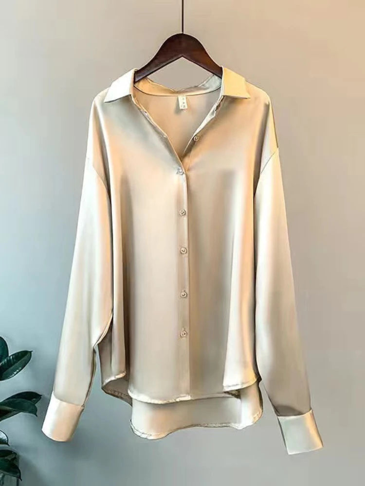Casual Büro Dame Seide Blusen Herbst Langarm Button Up Hemd Frauen Elegante Winter Tops Büro Dame Acetat Bluse