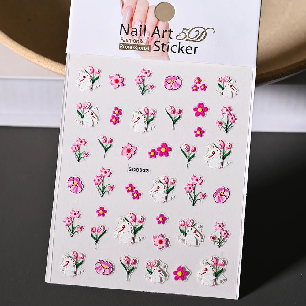 1Pc 5D Geprägte Kawaii Floral Schmetterling Nagel Aufkleber 3D Cartoon Bogen Kaninchen Erdbeere Klebe Aufkleber Urlaub Nagel Sliders