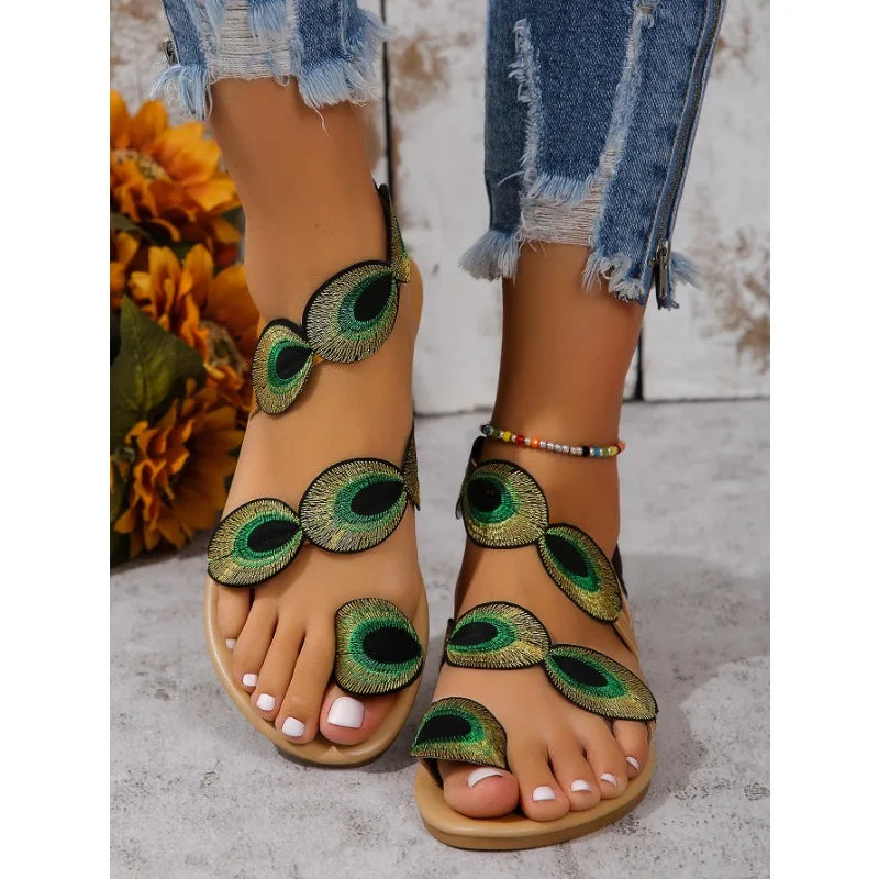 Feenhaar-Sandalen mit flachem Goldfaden und Pfauenaugenhaar, Damenschuhe, neuer Sommer mit Rock, Urlaubspullover, Strandschuhe