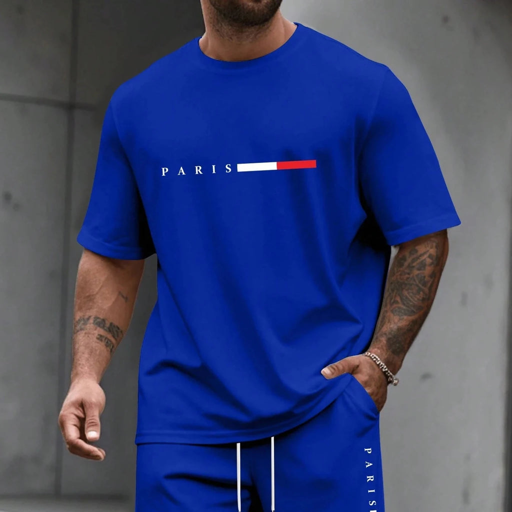 Paris-Buchstaben-Print Herren Frühling und Sommer Zweiteiler Set Lässiger Rundhals Kurzarm T-Shirt Shorts Sportanzug Bedruckte Kleidung