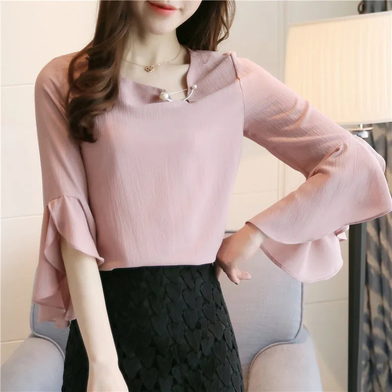 Frauen Chiffon Rüschen Bluse Flare Hülse Hemd Frauen Rundhals Casual Frauen Sommer Tops Und Blusen