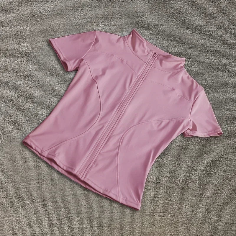Sommer Hohe Qualität Taille Abnehmen Training Tops frauen Schnell trocknend Engen Stehkragen Voll Zipper Kurzen Ärmeln Yoga shirts
