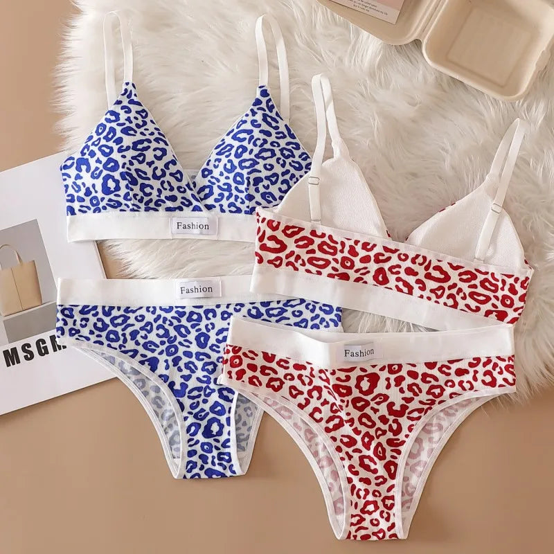 Frauen Push-Up-Bh Und Höschen Set V-ausschnitt Nicht-draht Bh Niedrige Taille Slips Weibliche Sexy Dessous Baumwolle Leopard print Unterwäsche Set