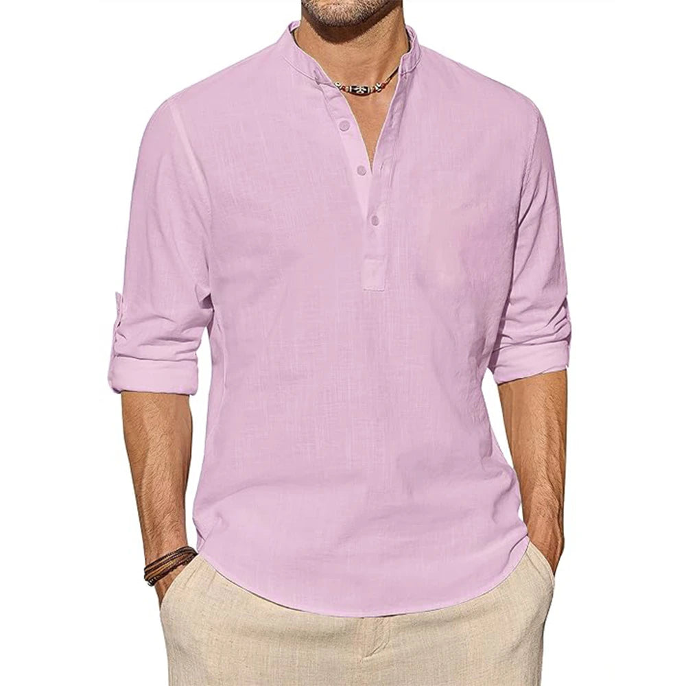 Neue Baumwoll-Leinen-Hemden für Herren, Freizeithemden, leichtes, langärmliges Henley-T-Shirt, einfarbige Langarm-Tops, aufrollbar
