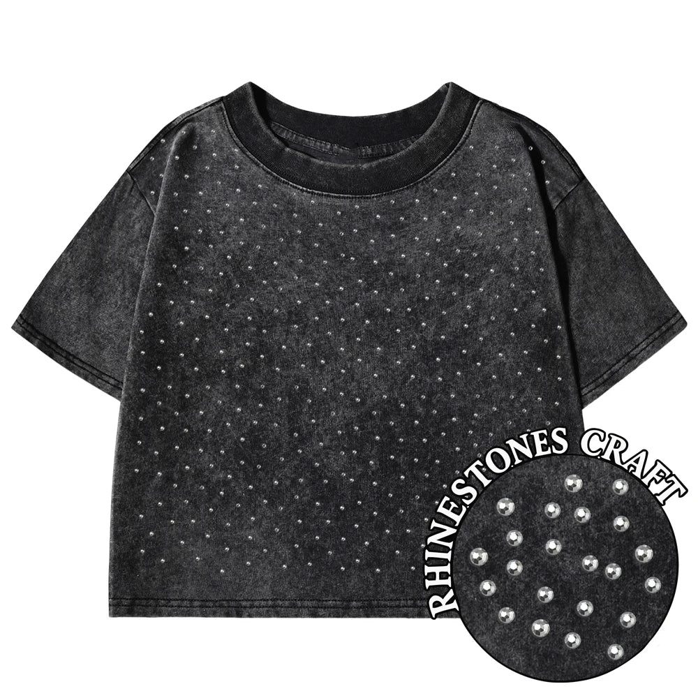 Einfarbiges Slim-Fit T-Shirt für Damen, Modisches Weiches Baumwoll-Shirt mit Strass-Verzierung, Kurzarm, Coole Kleidung für Frauen