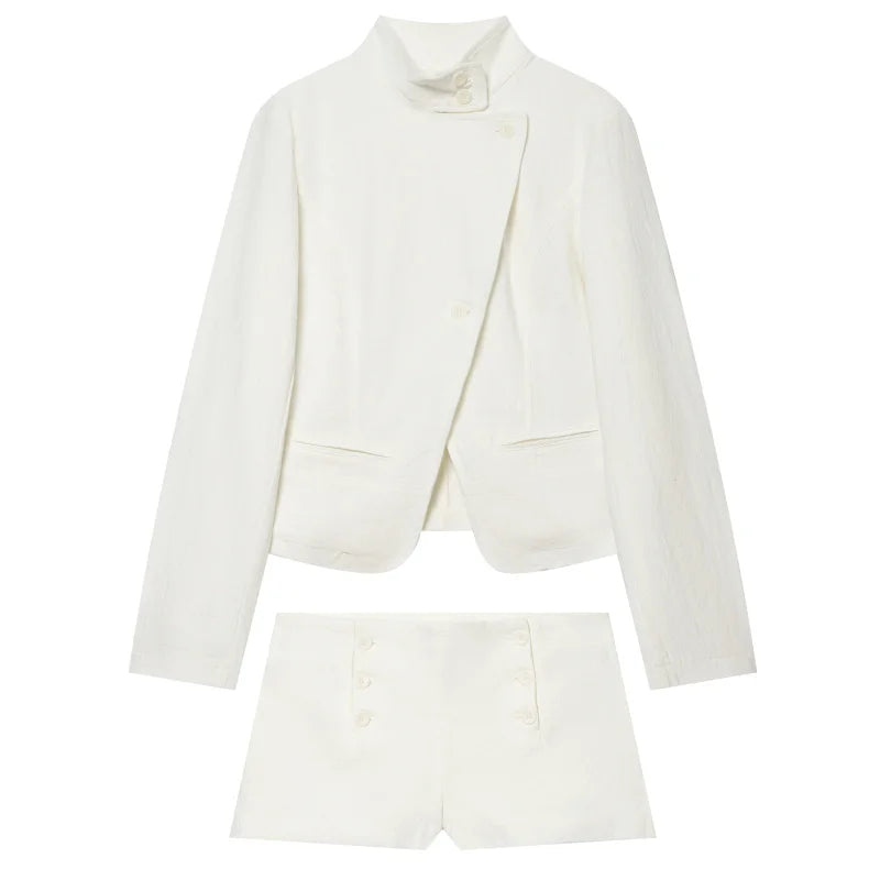 ETJ 2026 Neues Damen-Blazer-Shorts-Set mit hohem Kragen, asymmetrischer Knopfjacke, minimalistischem, maßgeschneidertem Co-Ord-Outfit