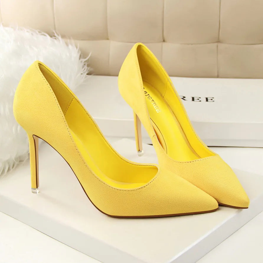 Frauen 9cm High Heels gelb Burgund Pumps plus Größe Stripper Wildleder Escarpins Dame Hochzeit Braut Scarpins grün blau Ballschuhe