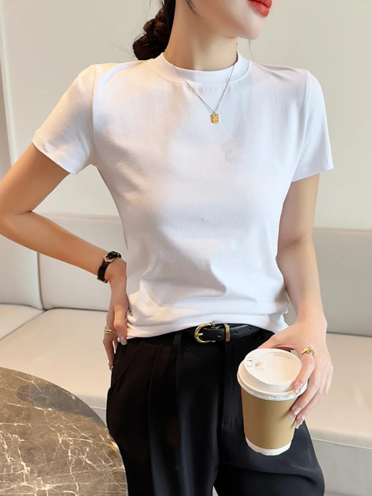 Sommerliches Basic-Baumwoll-T-Shirt für Damen 2026 im koreanischen Stil, Damenbekleidung, Kurzarm-T-Shirts, O-Ausschnitt, einfarbige T-Shirts, lässige Oberteile, Mujer