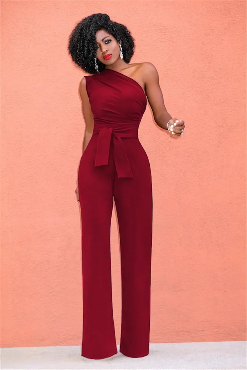 Damen-Overall, einfarbig, Skew-Kragen, bauchfreies Top, gerade Hosen, Gürtel, sexy, ärmellos, lockere Hosen, elegante, charmante Playsuits 2024
