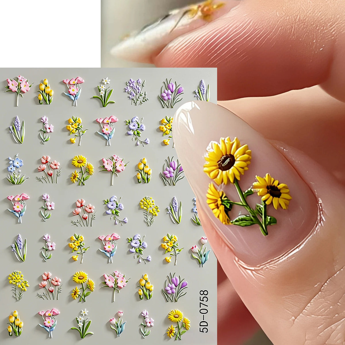5D Geprägte Mehrkategorien-Blumen Nagelaufkleber Sonnenblume, Tulpe, Orchidee, Gras, Hyazinthe Design Nagelsticker DIY Frühlings-Blumendekoration