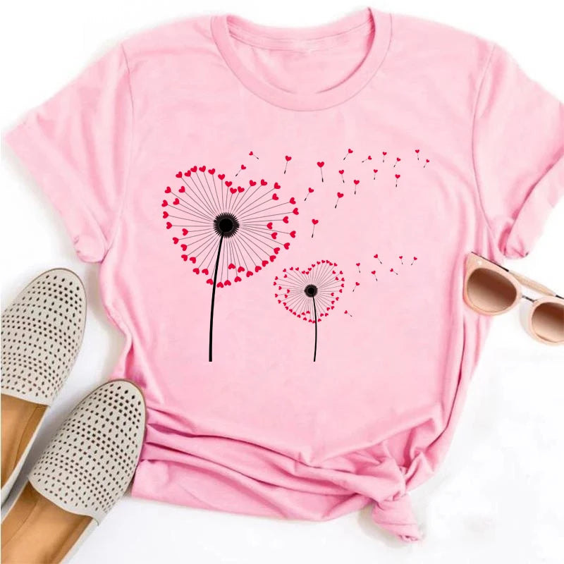 Neue Löwenzahn gedruckt Frauen T-Shirt Cartoon Grafik gedruckt schwarz Damen T-Shirt lässig Frau Shirt lustige T-Shirts