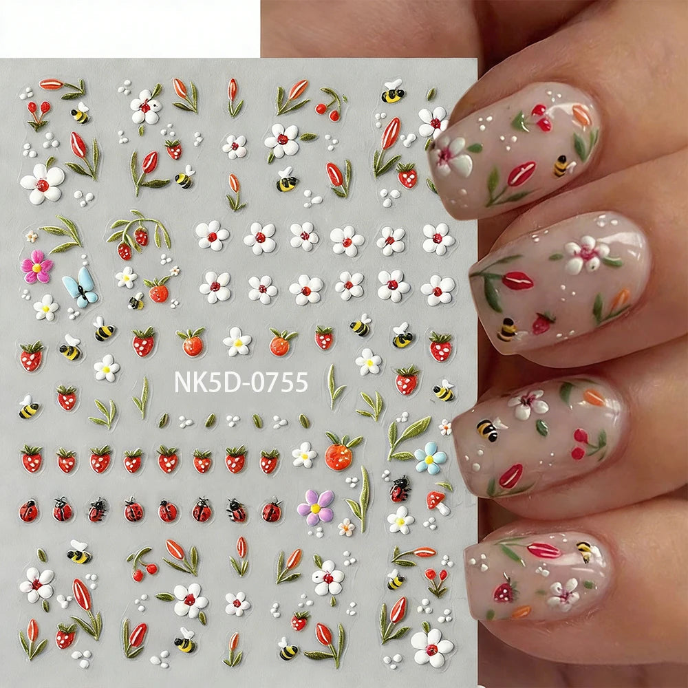 5D Süße Erdbeer- und weiße Gänseblümchen-Nagelaufkleber, geprägte Marienkäfer-, kleine Biene- und Tulpen-Design-Nagelsticker, DIY Frühlings-Blütenblätter-Deko