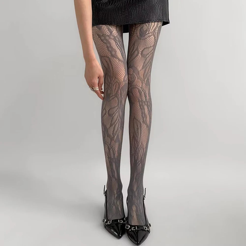 Retro Blumenmuster Strumpfhose Transparente Durchbrochene Jacquard-Spitze Netzstrumpfhose Spicy Girl Y2k Stretch-Netzstrümpfe Elastische Leggings