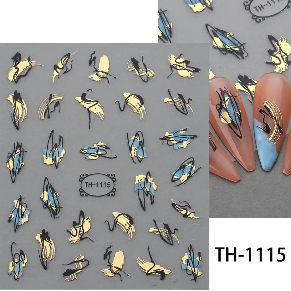 1PCS Schwarz Weiß Schmetterling Laser Nagel Aufkleber Y2K Nail art Dekoration Abstrakte Linien Bronzing Blumen Aufkleber Für Nägel
