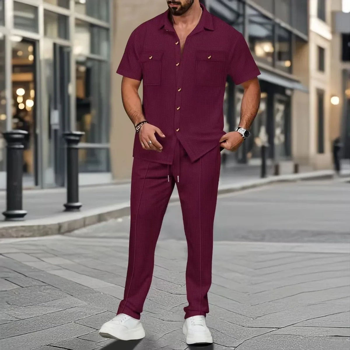 Sommer Herren Reine Farbe Knopftasche Hemd Kurzarm Lange Hosen 2-teiliges Set Unabhängige Station Grenzüberschreitende Kleidung