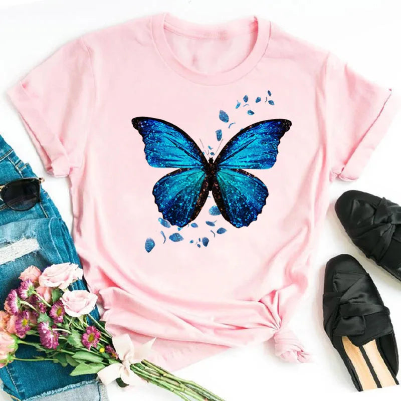 Neue blaue Schmetterling Blumen gedruckt T-Shirt Frauen Sommer lässig Kurzarm O-Ausschnitt Tops 90er Jahre Mode Grafik weibliche Tops T-Shirts