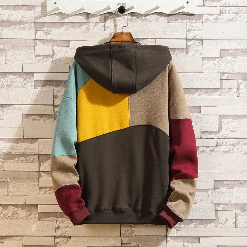 Herbst-Sweatshirt für Herren mit Kapuze, Jugendlicher Farbblock-Design, Locker Geschnittene Modische Jacke im Hongkong-Stil