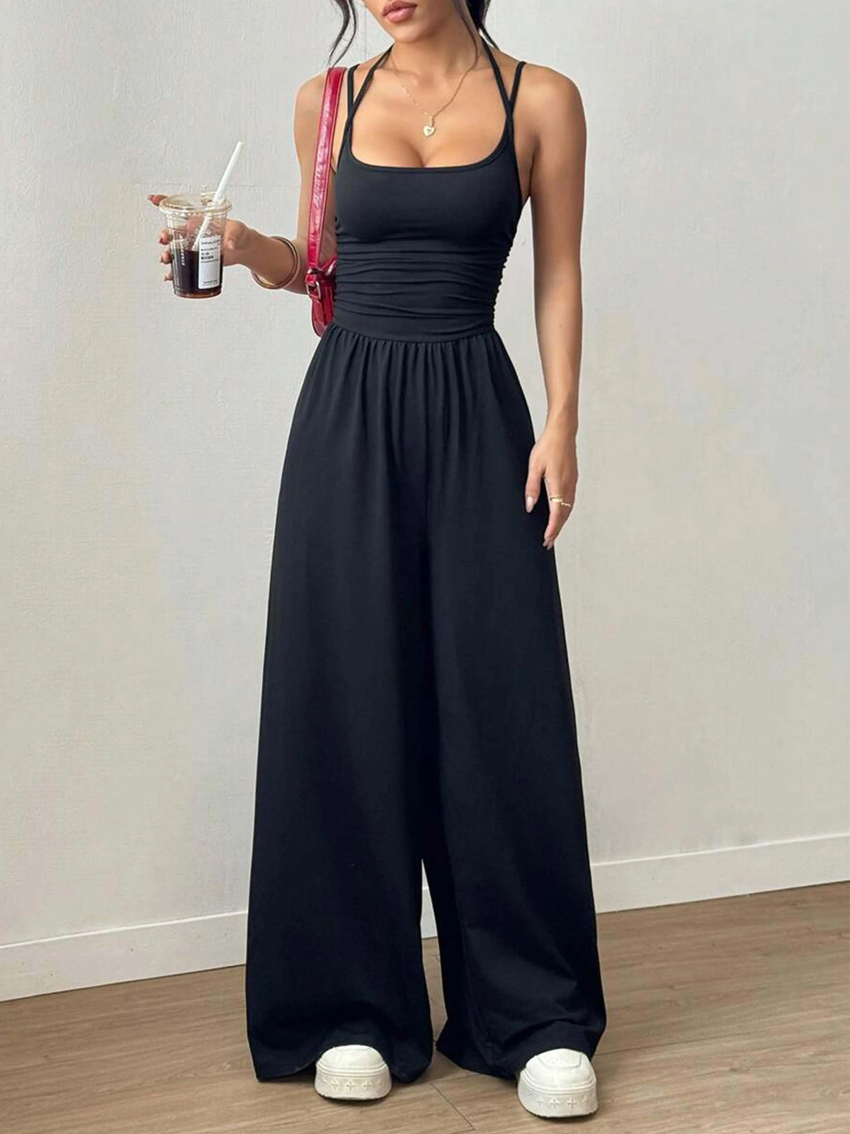 Damen Sommer Schwarzer Lässiger Jumpsuit mit Verstellbarem Neckholder-Ausschnitt, Plissiert, Locker Geschnitten, Gerades Bein, Casual-Outfit für Frauen
