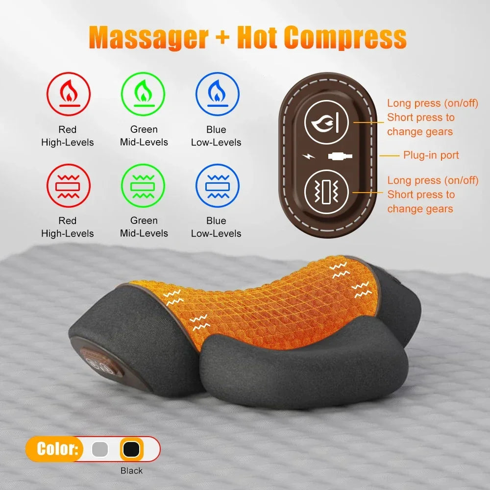 Elektrisches Nackenmassagegerät, Nackenkissen, heiße Kompresse, Nackenstretch, Heizung, Vibration, Nacken- und Schultermassagekissen, Rückentraktion