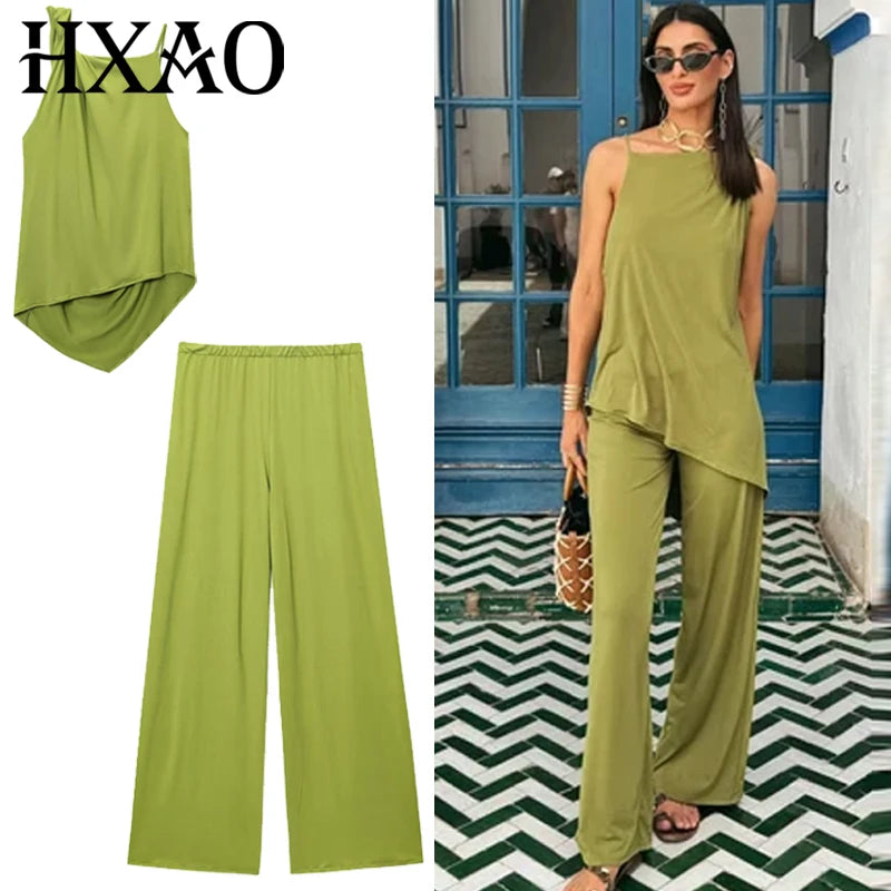 HXAO Grüne Hosen-Sets für Damen, zweiteiliges Set, gerüschtes, asymmetrisches Slip-Top, Anzug-Outfit, schickes, drapiertes Hosen-Set mit hoher Taille und weitem Bein