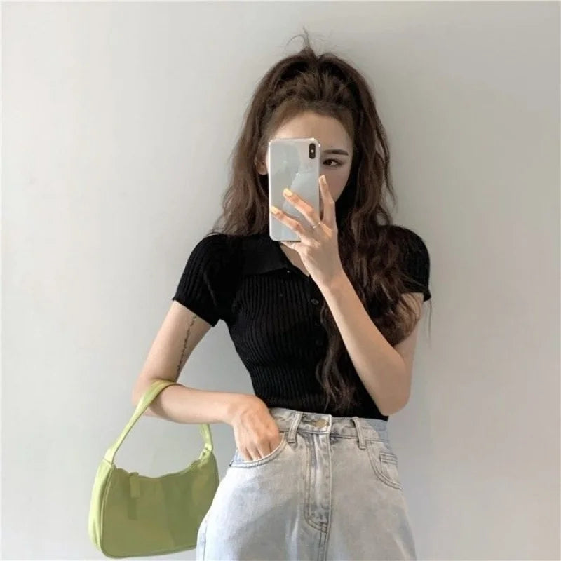 Neues Polo Damen T-Shirt Geripptes Strick-Oberteil Sexy Sommer Basic Shirts Figurbetontes Slim Casual Kurzarm-Top Damen-Oberteil Weiß Schwarz