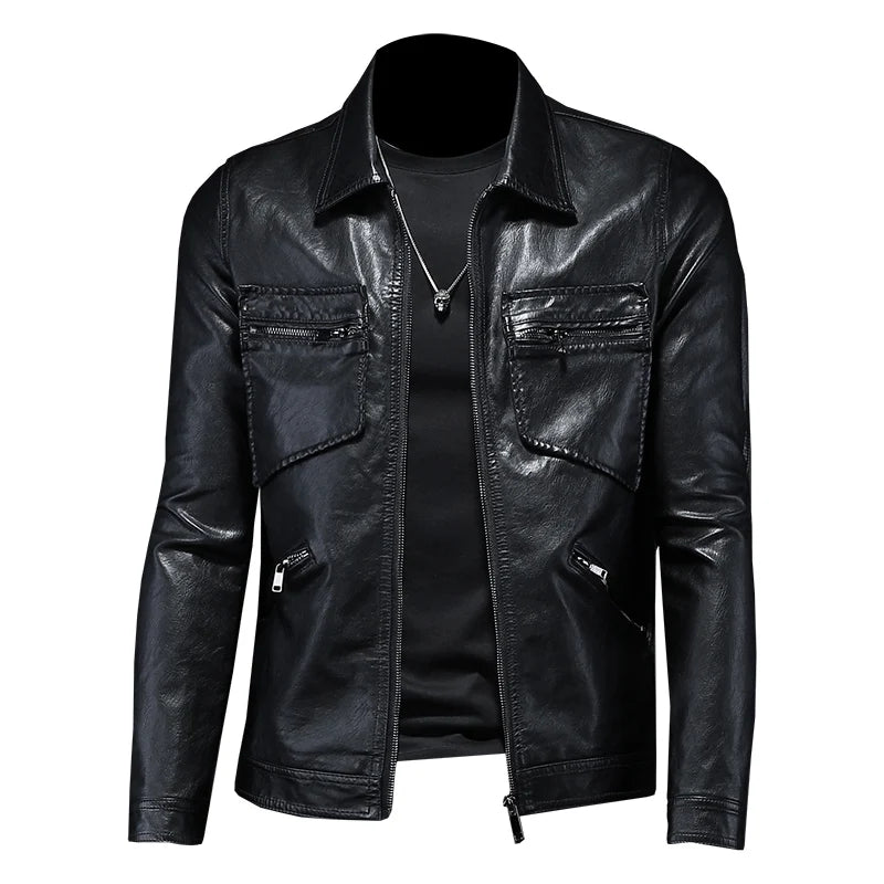 2024 Herbst und Winter neue Herrenmode schönen Trend Geschäft Freizeit Revers Motorrad Ledermantel schlanke stilvolle Mann M-4XL