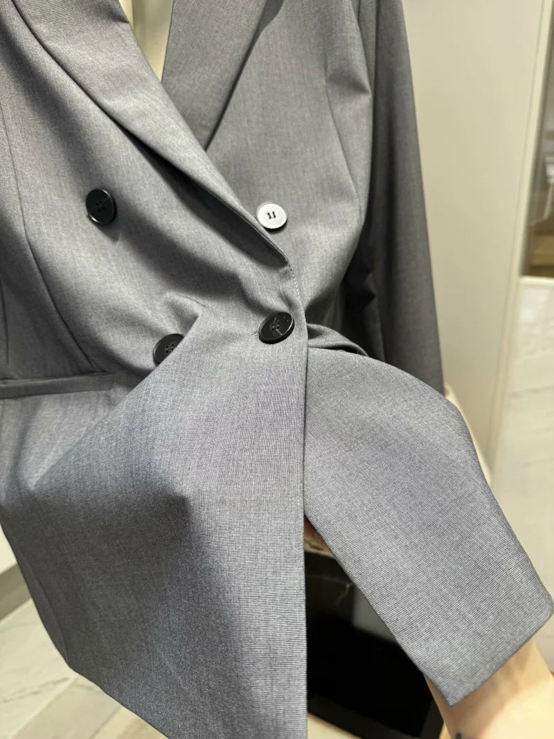 ETJ 2025 Frühjahrsneues Anzugset für Damen mit schultergepolstertem Zweireiher-Blazer und hoch taillierter, plissierter Hose mit weitem Bein