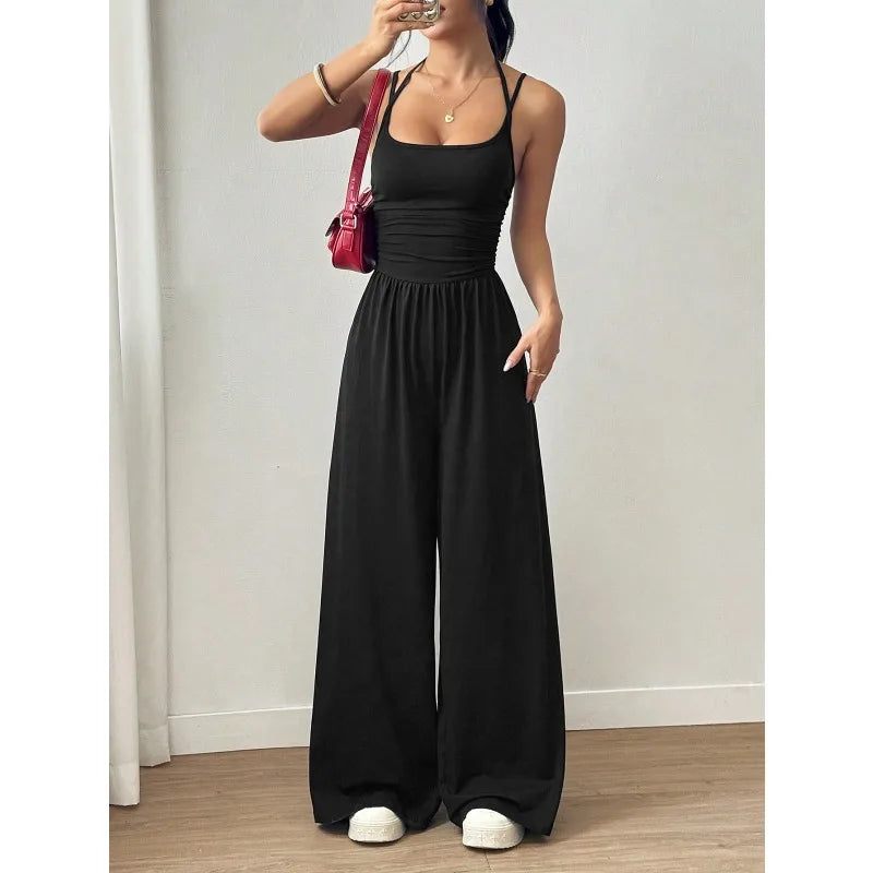 Damen Sommer Schwarz Lässiger Plissierter Lockerer Gerader Jumpsuit Ärmellos Hohe Taille Rückenfreier Overall Einfacher Trägeroverall