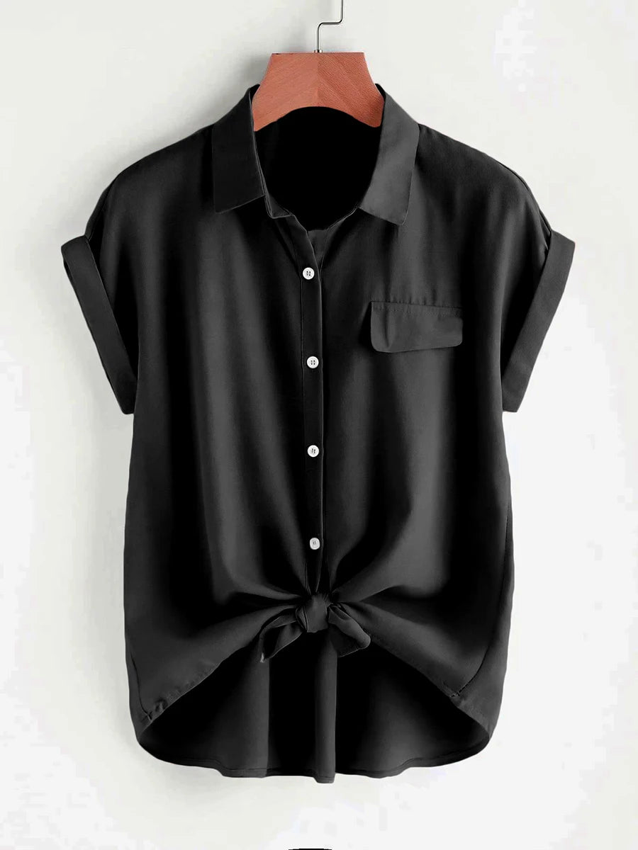 Solides Hemd für Damen, Sommer, kurzärmelig, mit Knöpfen, Umlegekragen, Bluse, lässig, Büro, Arbeitskleidung, lockere Oberteile, solide Basic-Kleidung