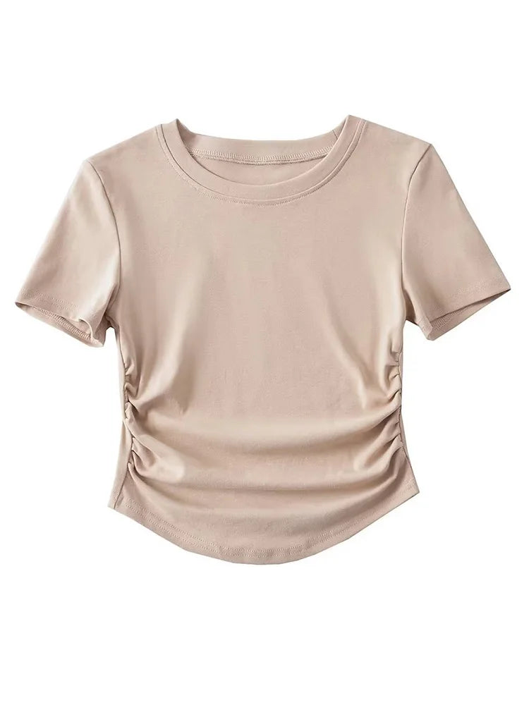 Harajuku Damen-T-Shirt aus Baumwolle mit Rundhalsausschnitt und gerüschten Seitendetails