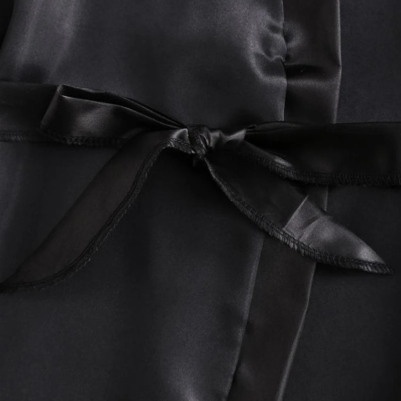 Schwarz Sexy Damen Pyjama Satin 4-teilig Spitze Seide Hosenträger Tops Shorts Robe Pyjama Set Nachthemd Unterwäsche Nachthemd Anzug