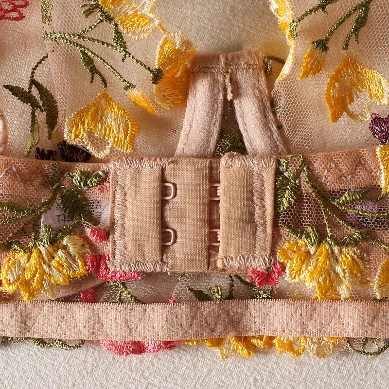 Blumenstickerei-Dessous-Set für Damen, durchsichtig, 2-teilig, Boho-BH + Höschen, Unterwäsche-Set, Dessous