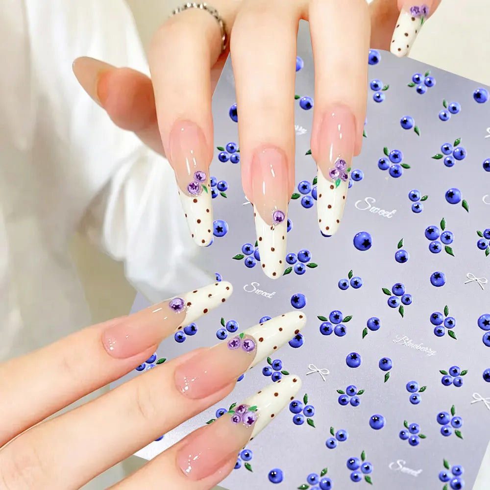 1 Stück Niedliche Blaubeer-Muster Nagelaufkleber Süße Blaue Früchte & Weiße Schleife Selbstklebende Nagelsticker Sommer DIY Maniküre Zubehör